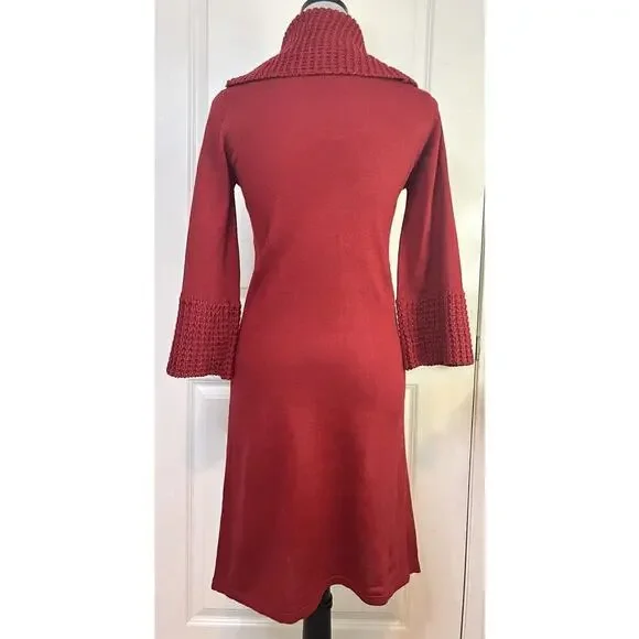 THE LIMITED Red Knit Cowl Neck 3/4 Sleeve Sweater Dress S Cottage Knee Length - Picture 4 of 8